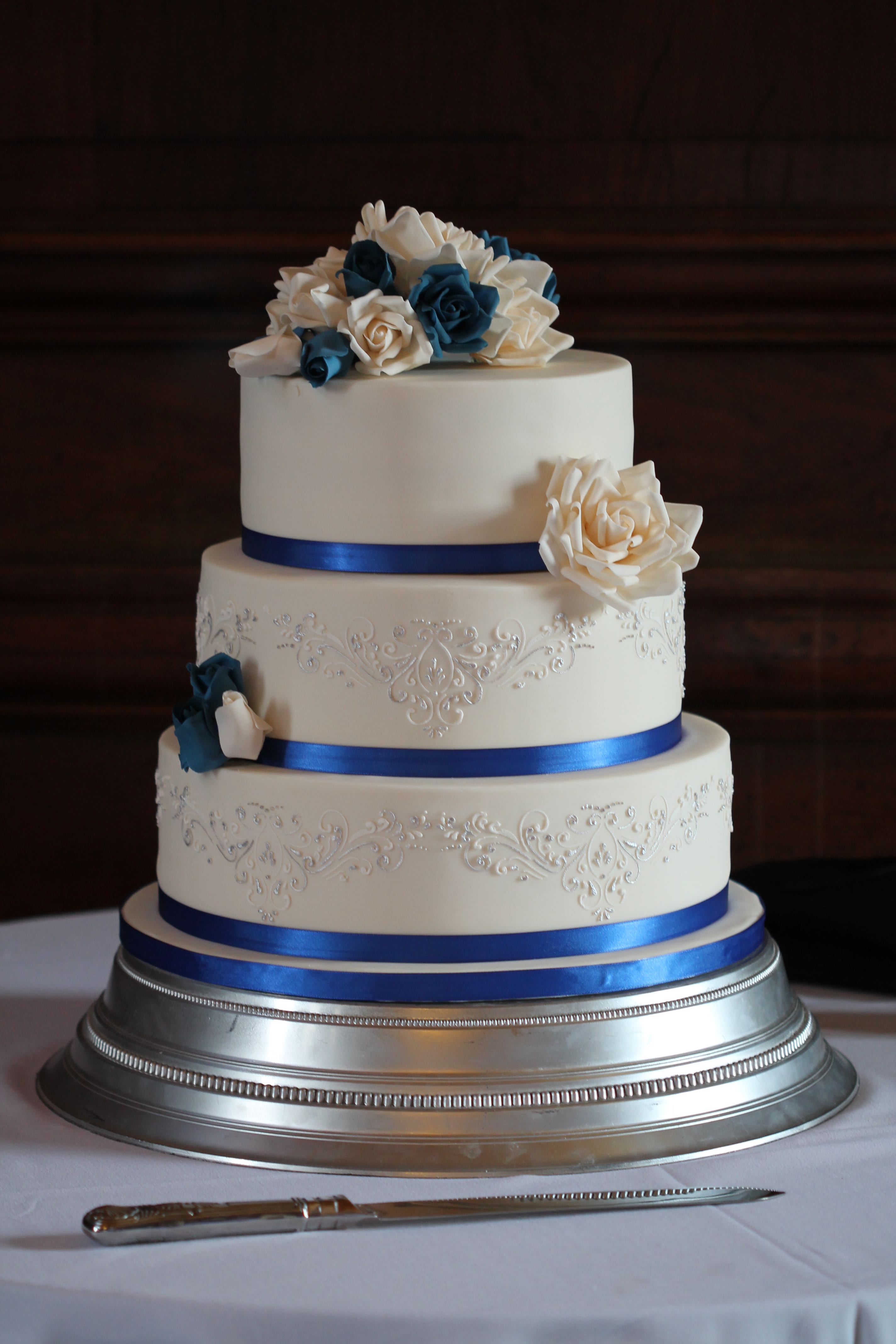 Royal Blue & Silver Rose Wedding Cake